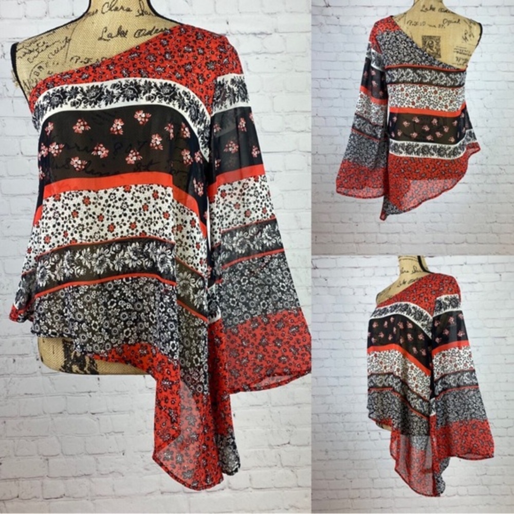 Ya Floral Striped One Shoulder Flared Sleeve Silk Asymetrical Top